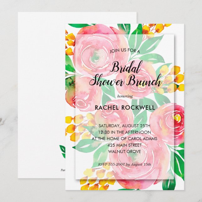 Invitaciones a la ducha de novia acuarela rosa con (Anverso / Reverso)