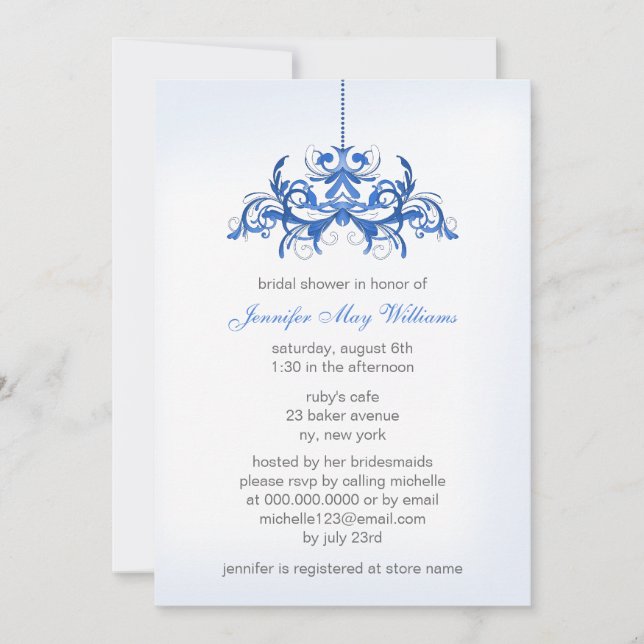 Invitaciones a la ducha de novia azul (Anverso)