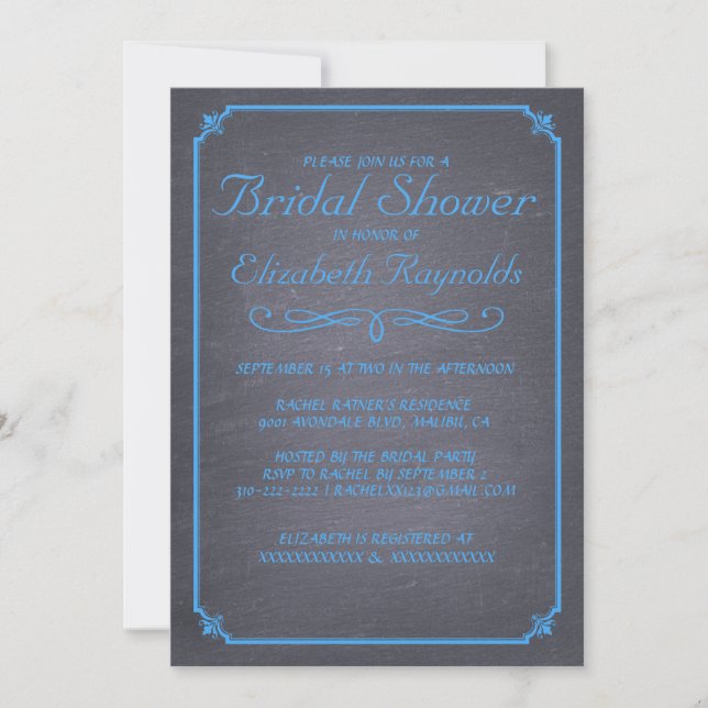 Invitaciones a la ducha de novia azul Chalkboard (Anverso)