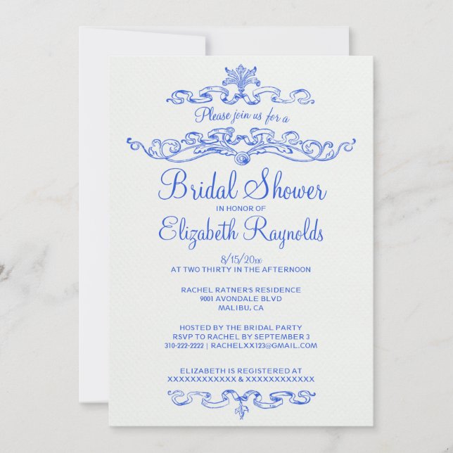 Invitaciones a la ducha de novia azul de lujo (Anverso)