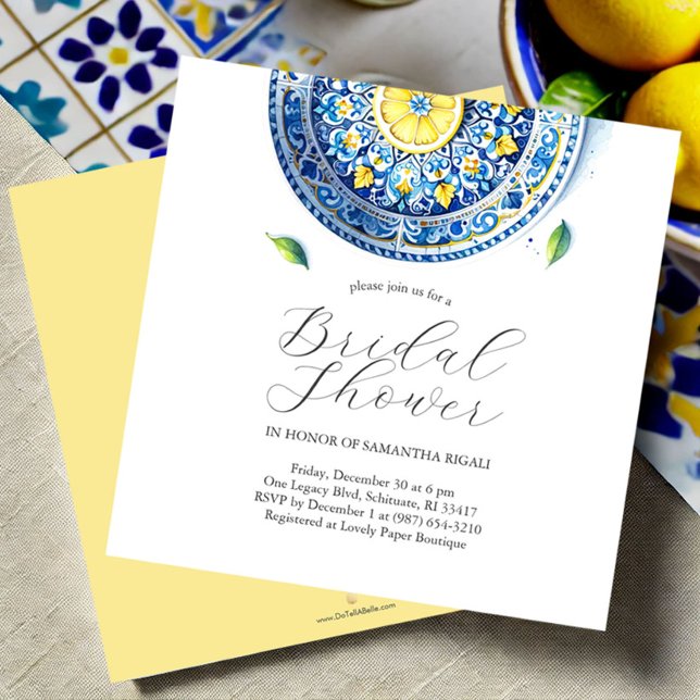 Invitaciones a la ducha de novia con cítricos azul (Lemon themed bridal shower invitations blue and yellow watercolor)