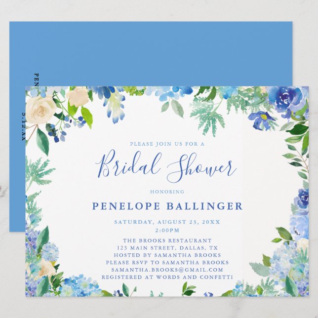 Invitaciones a la ducha de novia con flores azules (Anverso / Reverso)