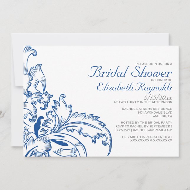 Invitaciones a la ducha de novia con flores azules (Anverso)