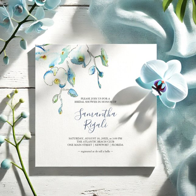 Invitaciones a la ducha de novia con flores azules (Simple floral bridal shower invitations feature water blue orchid flowers by Victoria Grigaliunas)