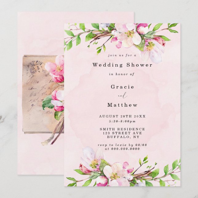 Invitaciones a la ducha de novia con flores de man (Anverso / Reverso)