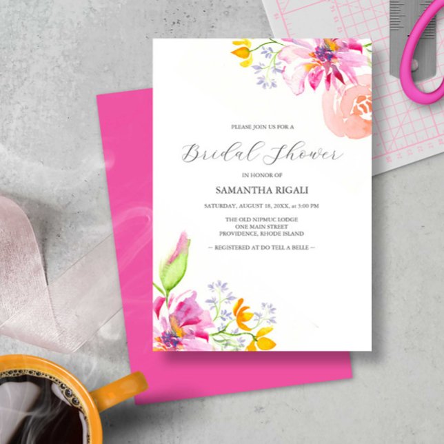 Invitaciones a la ducha de novia con flores rosada (Bridal shower invitations feature colorful watercolor flowers by Victoria Grigaliunas)
