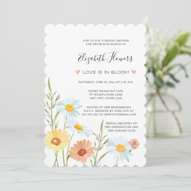 Invitaciones a la ducha de novia con flores silves (Anverso de pie)