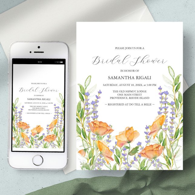 Invitaciones a la ducha de novia con flores silves (Wildflower bridal shower theme unique watercolor art by Victoria Grigaliunas sustainable weddings)