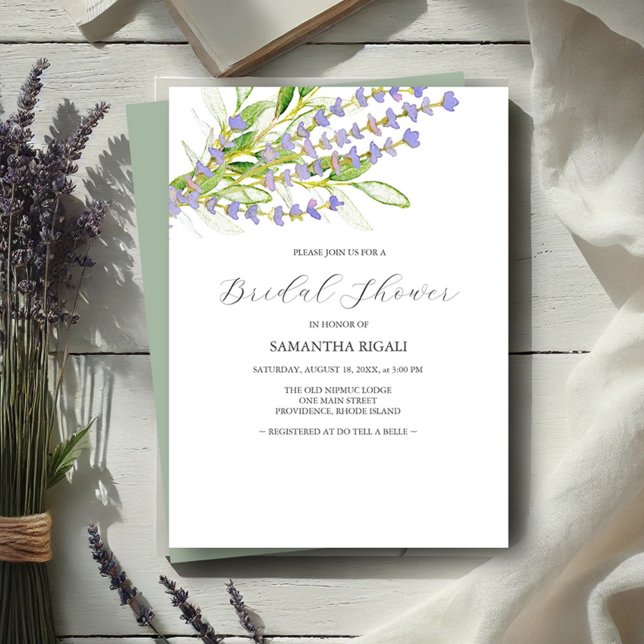 Invitaciones a la ducha de novia con flores silves (Bridal shower invitations watercolor lavender art by Victoria Grigaliunas Do Tell A Belle)
