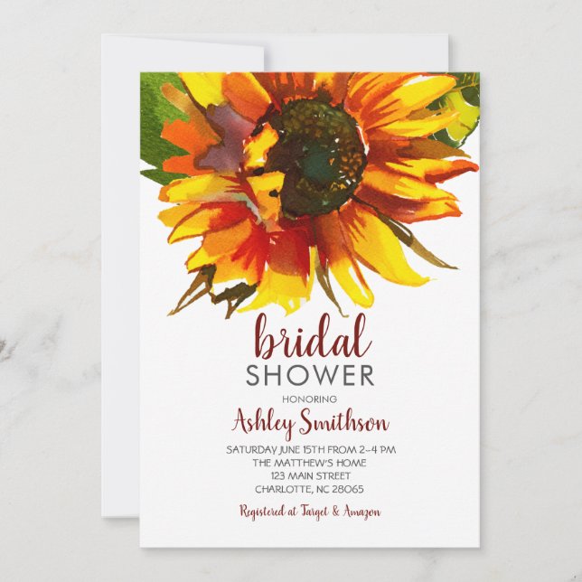 Invitaciones a la ducha de novia con girasol, (Anverso)