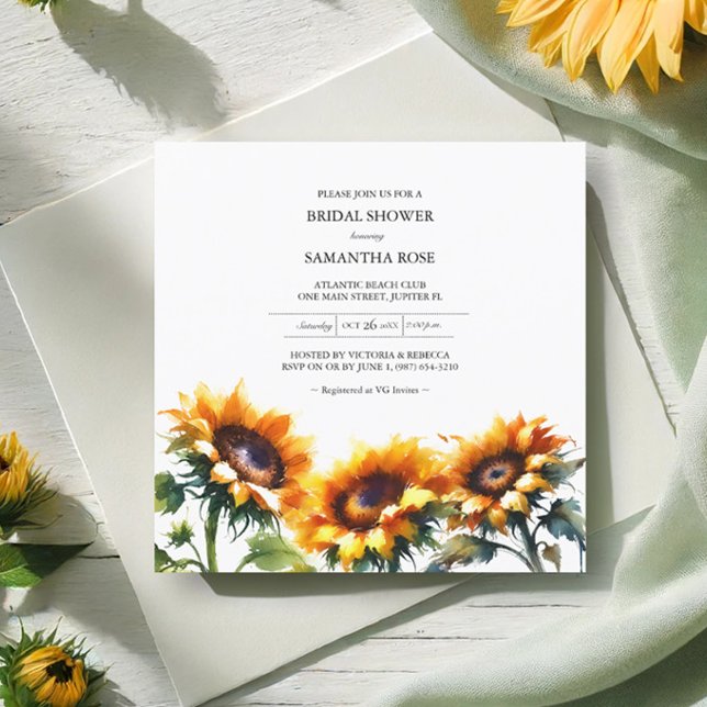 Invitaciones a la ducha de novia con girasol (Sunflower bridal shower invitations watercolor botanical art.)