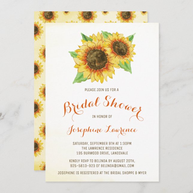 Invitaciones a la ducha de novia con girasoles acu (Anverso / Reverso)