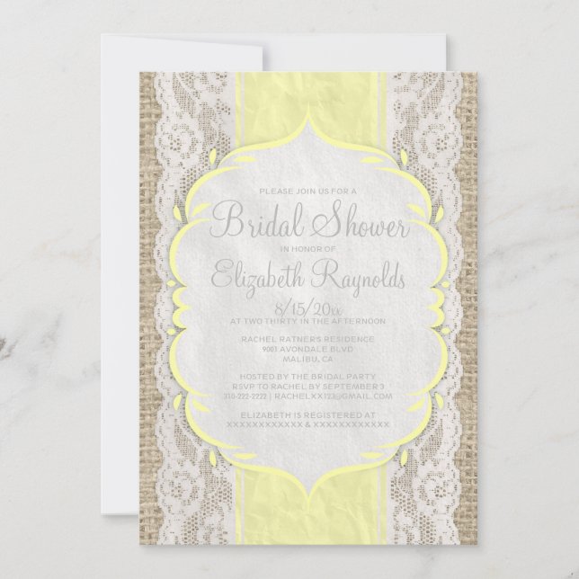 Invitaciones a la ducha de novia con lino amarillo (Anverso)