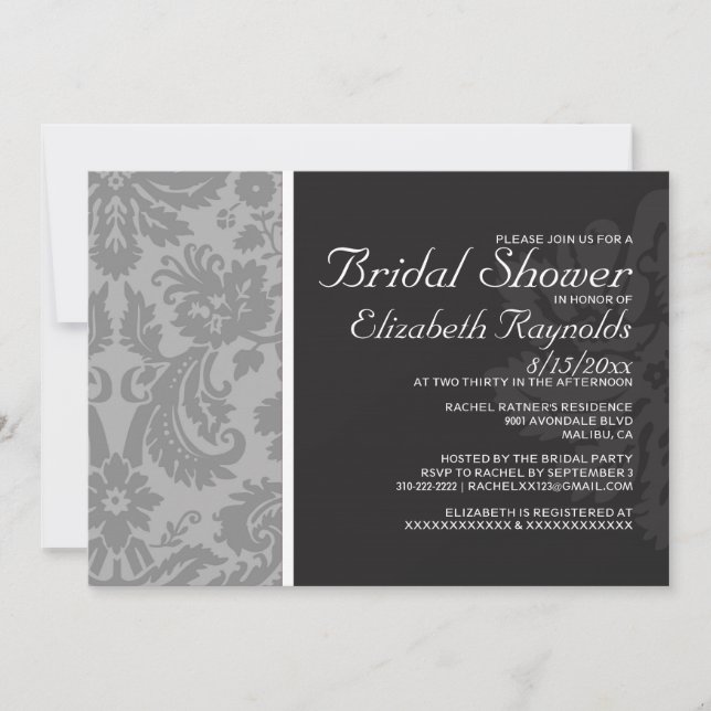 Invitaciones a la ducha de novia Damasco plateado (Anverso)