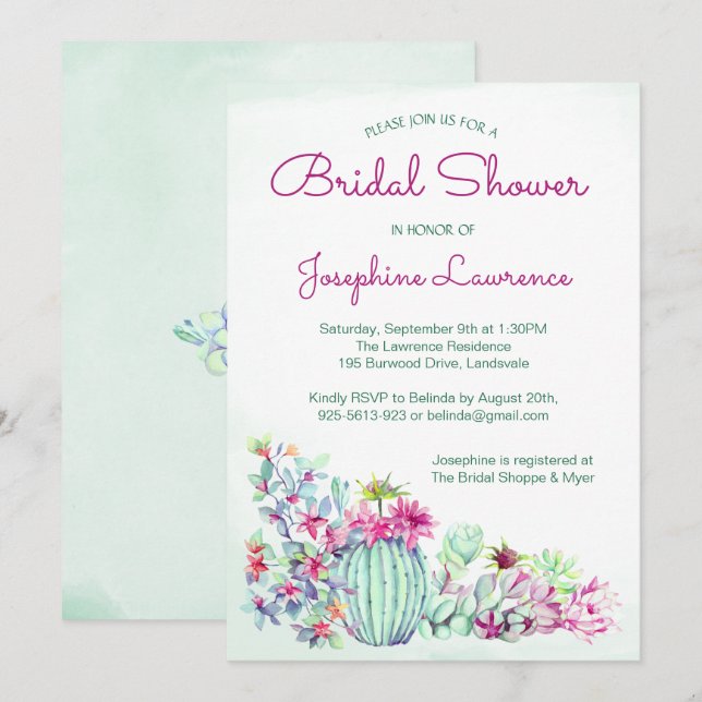 Invitaciones a la ducha de novia de Cactus (Anverso / Reverso)