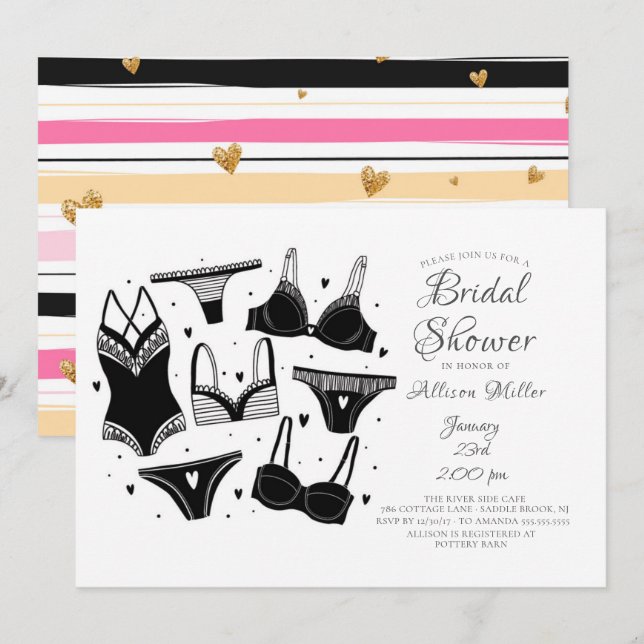 Invitaciones a la ducha de novia de lencería negra (Anverso / Reverso)