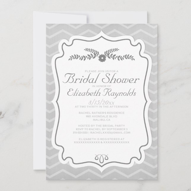 Invitaciones a la ducha de novia de rayas plateada (Anverso)