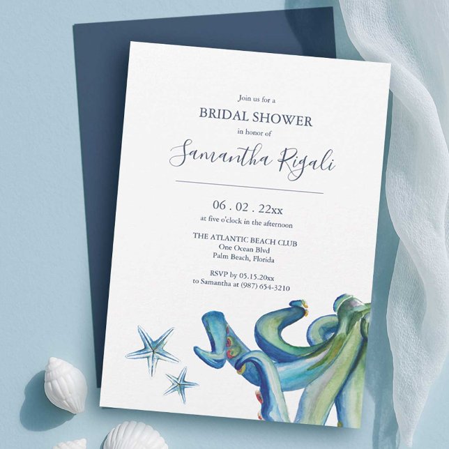 Invitaciones a la ducha de novia en la playa | Cri (beach bridal shower invitations is shades of blue, watercolor ocean creatures by dotellabelle )