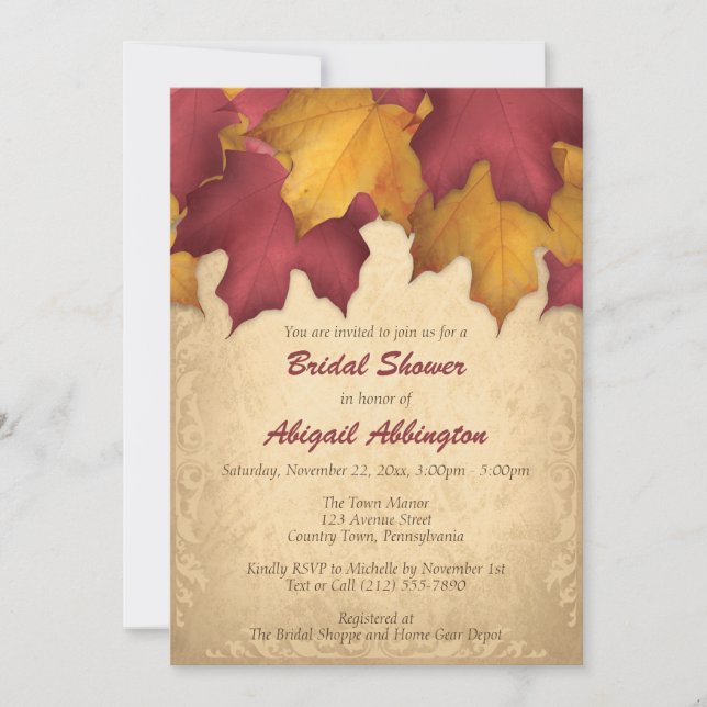 Invitaciones a la ducha de novia en otoño con oro  (Anverso)