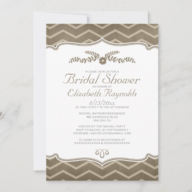 Invitaciones a la ducha de novia en Zigzag marrón (Anverso)