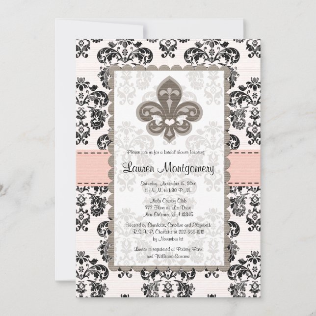Invitaciones a la ducha de novia Fleur de Lis Blac (Anverso)