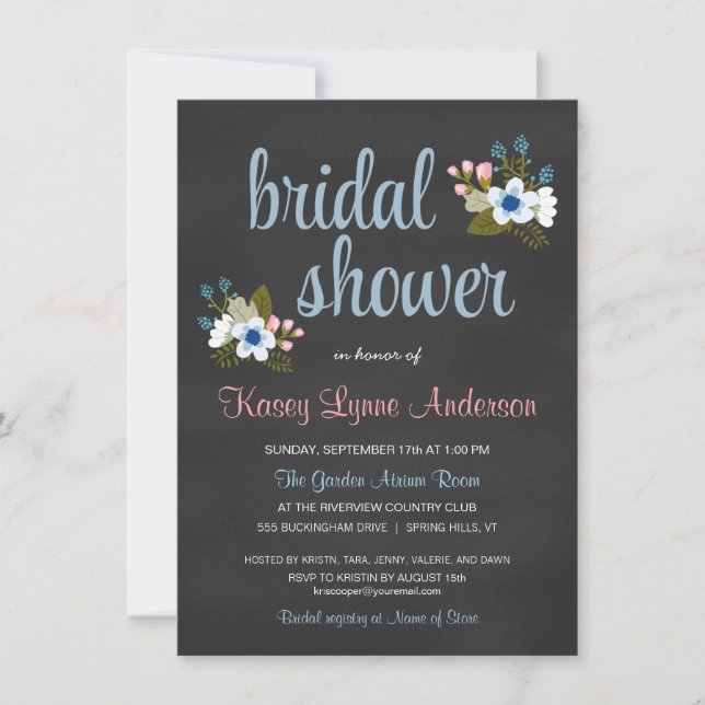 Invitaciones a la ducha de novia floral Chalkboard (Anverso)