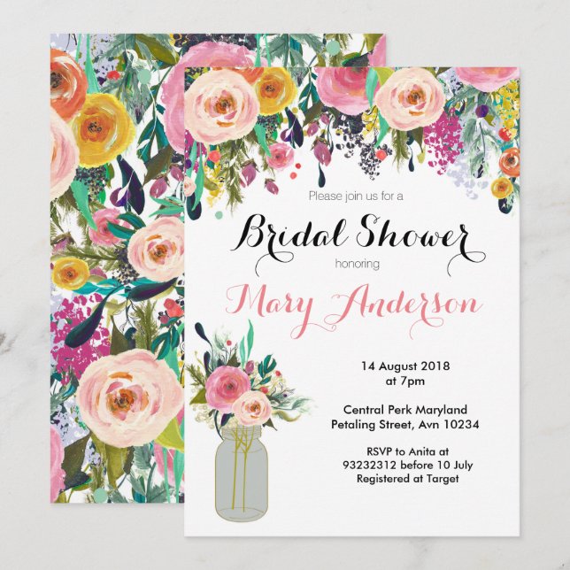 Invitaciones a la ducha de novia Floral Mason Jar  (Anverso / Reverso)