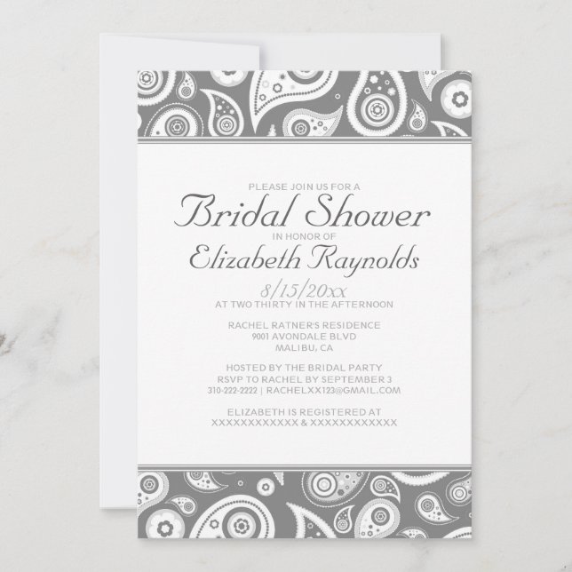 Invitaciones a la ducha de novia Grey Paisley (Anverso)