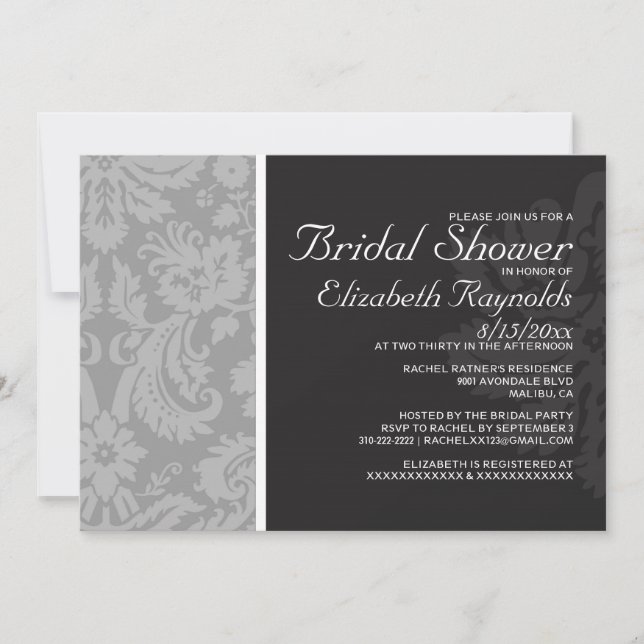 Invitaciones a la ducha de novia gris Damasco (Anverso)