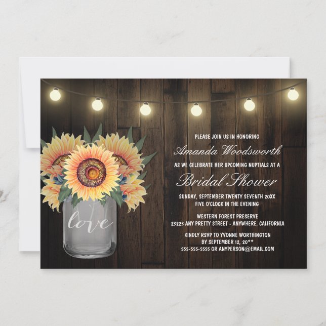 Invitaciones a la ducha de novia Mason Jar + Sunfl (Anverso)