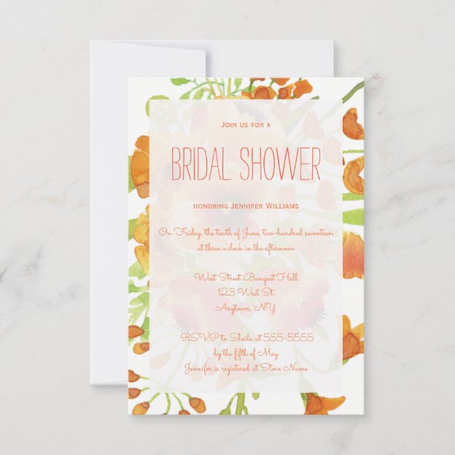 Invitaciones a la ducha de novia naranja floral (Anverso)