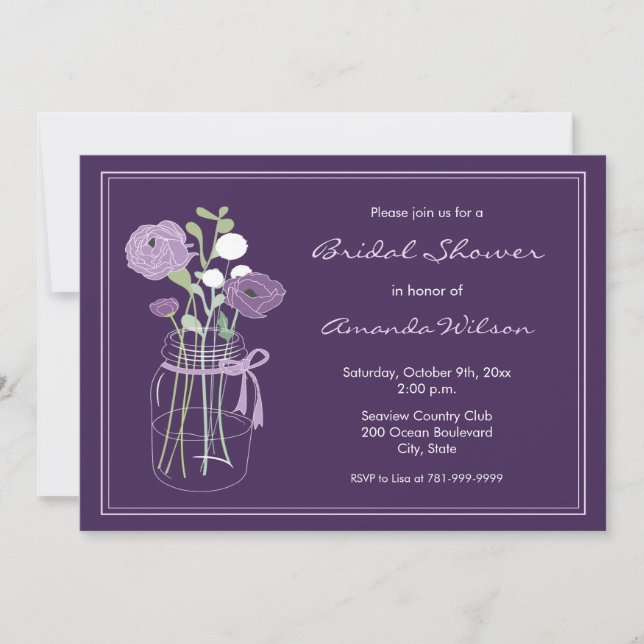 Invitaciones a la ducha de novia Purple Mason Jar (Anverso)