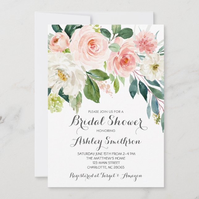 invitaciones a la ducha de novia rosa, flores rosa (Anverso)