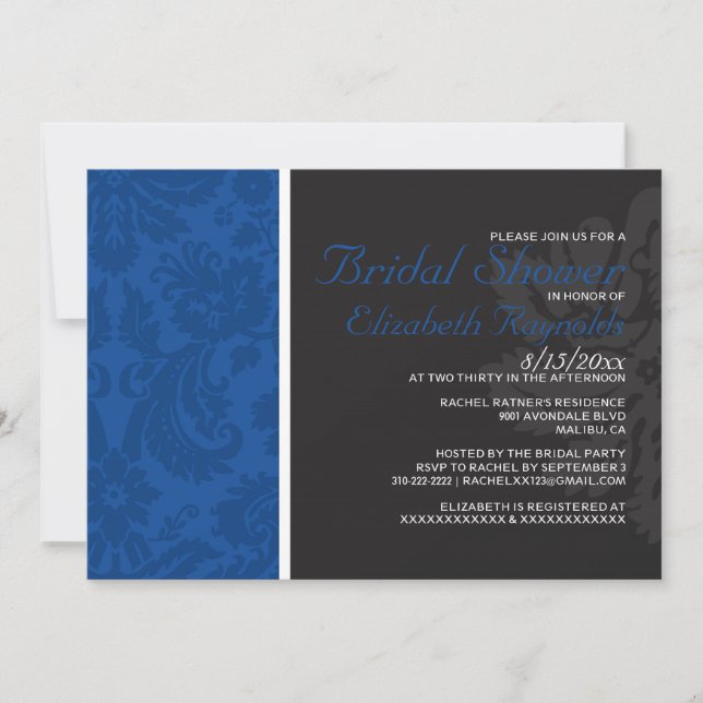 Invitaciones a la ducha de novia Royal Blue Damask (Anverso)