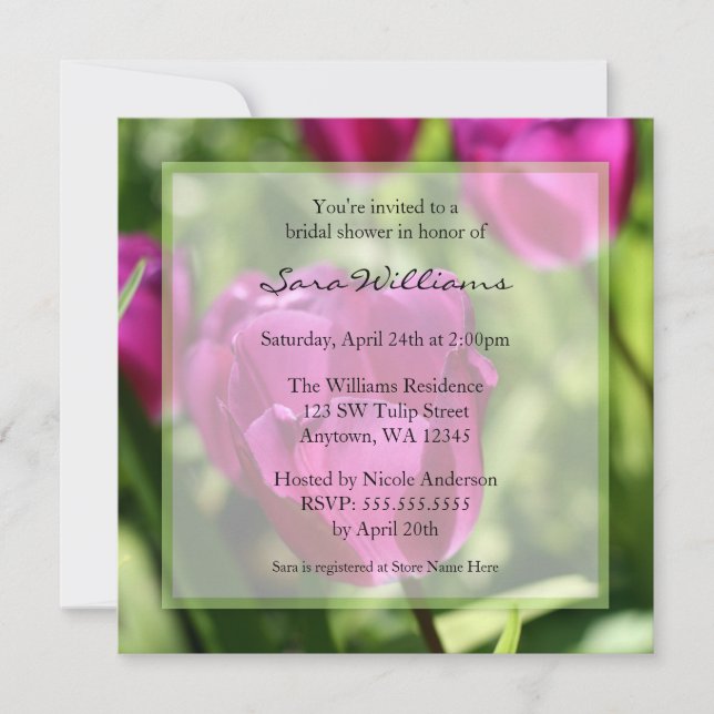 Invitaciones a la ducha de novia tulipanos morados (Anverso)