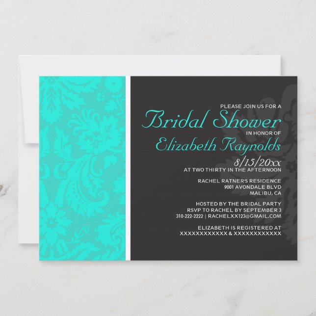 Invitaciones a la ducha de novia turquesa Damask (Anverso)
