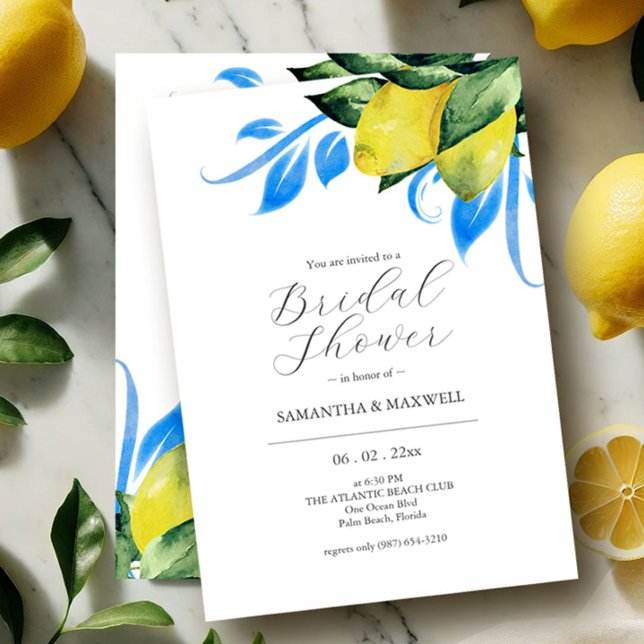 Invitaciones a la ducha de novias azules y amarill (Bridal shower invitations watercolor lemons by Victoria Grigaliunas of Do Tell A Belle)