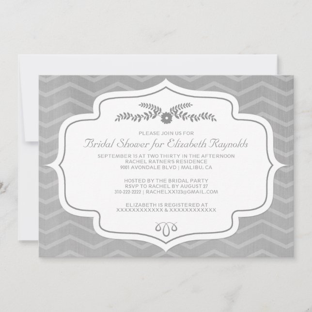 Invitaciones a la ducha de novias Chevron Silver (Anverso)