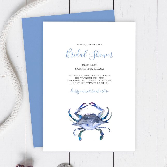Invitaciones a la ducha de novias con cangrejo de  (Bridal shower invitations watercolor blue crab art by Victoria Grigaliunas )