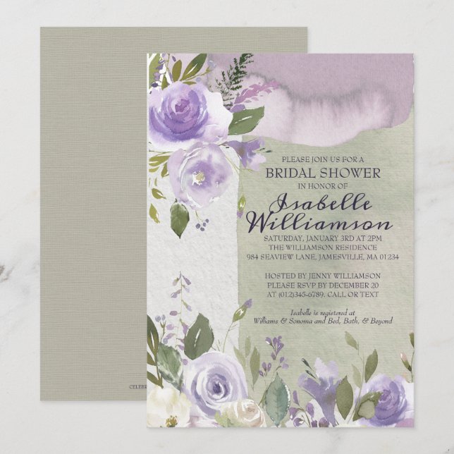 Invitaciones a la ducha de novias con flores morad (Anverso / Reverso)