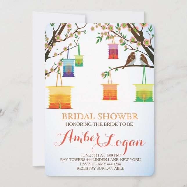 Invitaciones a la ducha de novias con linternas fl (Anverso)