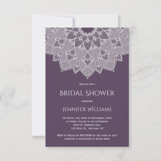 Invitaciones a la ducha de novias con mandala púrp (Anverso)