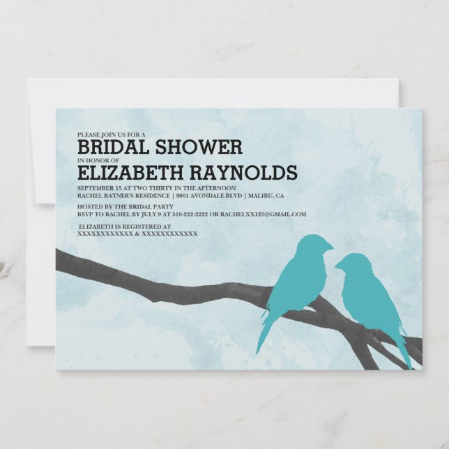 Invitaciones a la ducha de novias con pájaro azul  (Anverso)