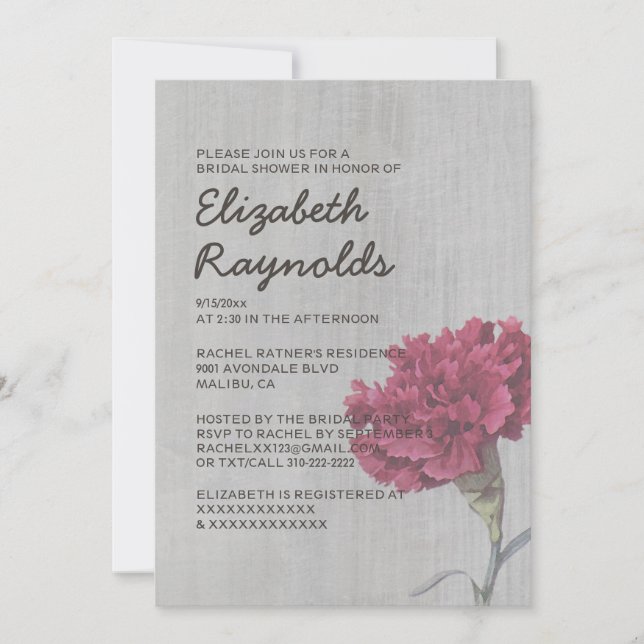 Invitaciones a la ducha de novias de Carnation Vin (Anverso)