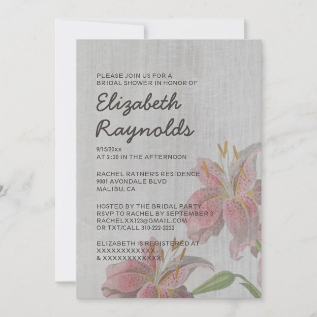 Invitaciones a la ducha de novias de Lirio Orienta (Anverso)