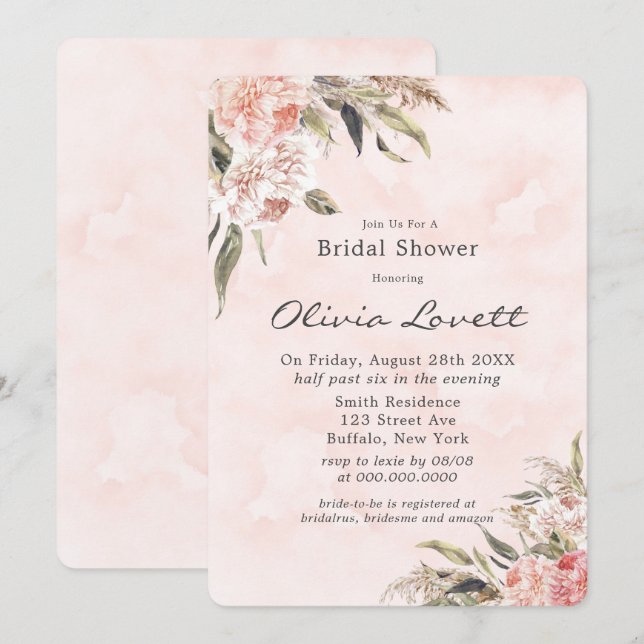 Invitaciones a la ducha de novias del Boho Pink Pe (Anverso / Reverso)