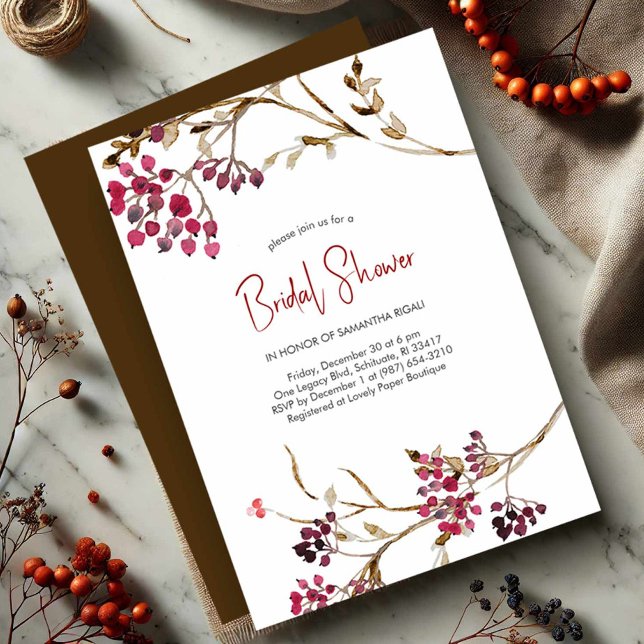 Invitaciones a la ducha de novias en otoño marrón  (Rustic bridal shower invitations watercolor berries)