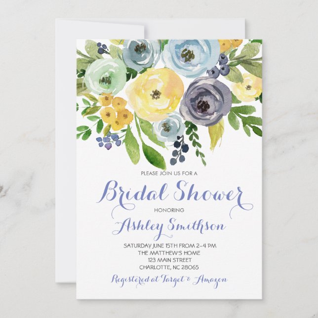 Invitaciones a la ducha de novias, flores amarilla (Anverso)