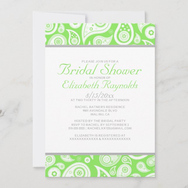 Invitaciones a la ducha de novias Lime Green Paisl (Anverso)