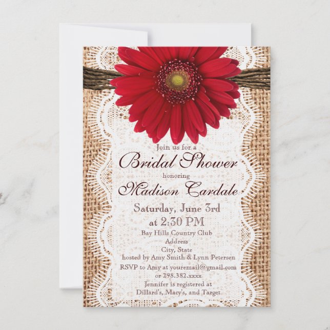 Invitaciones a la ducha de novias Red Daisy Burlap (Anverso)
